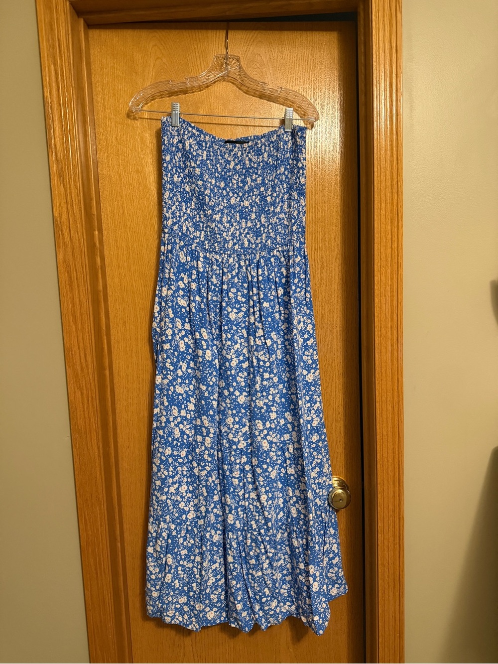 Blue Floral Smocked Midi Strapless Dress